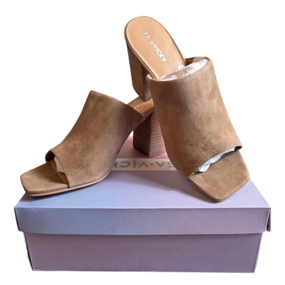 Lisa Vicky Virtue V Cognac Kid Suede Square Toe Block Heel Mules Size 9.5M Taupe